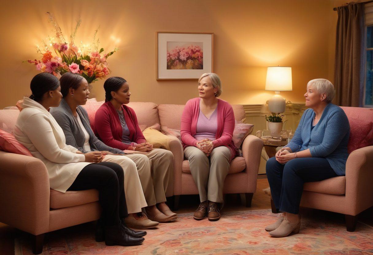 A compassionate scene depicting a diverse group of cancer survivors sharing stories in a cozy support group setting. Soft, warm lighting illuminates their faces, highlighting expressions of hope and resilience. Symbolic elements like awareness ribbons and vibrant flowers subtly integrated into the background to represent empowerment and growth. Include a delicate balance of comforting elements like soft chairs and warm colors. super-realistic. vibrant colors. warm atmosphere.
