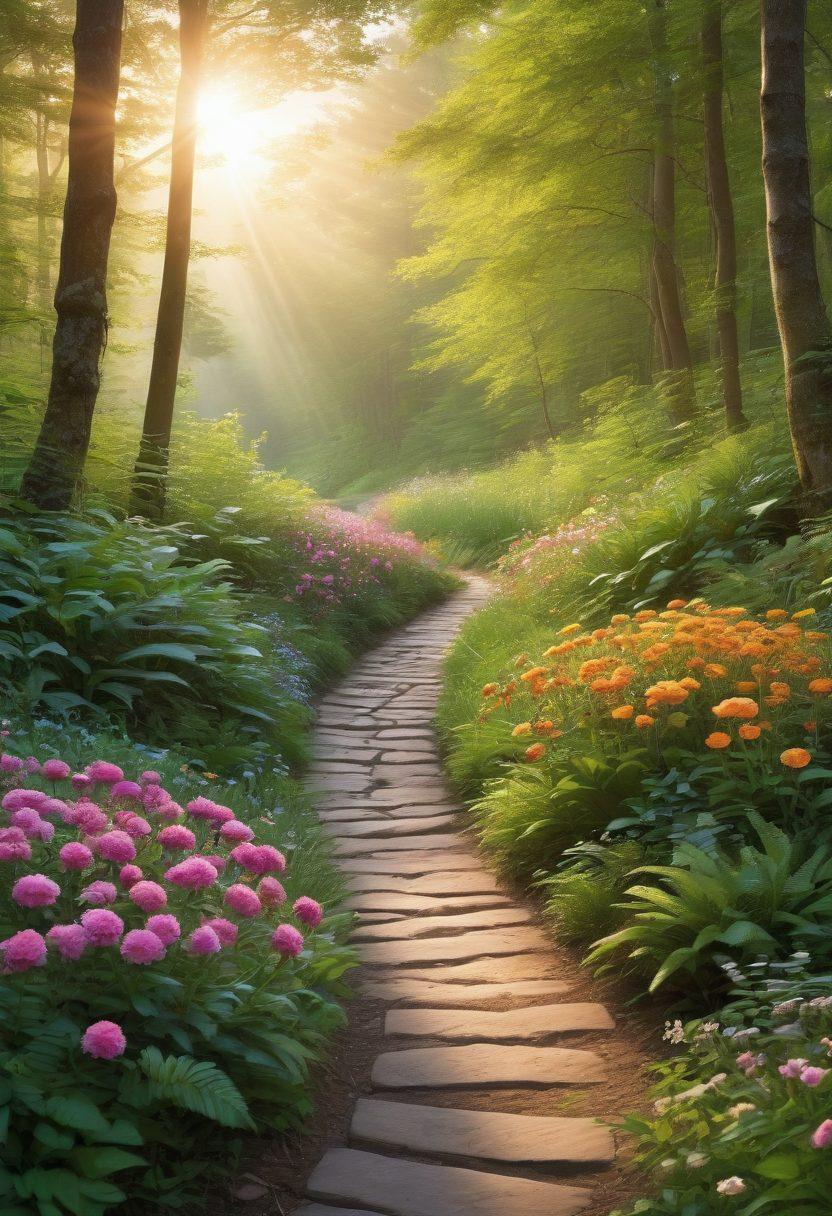 A serene pathway winding through a lush green forest, symbolizing the journey from cancer prevention to survivorship. Along the path, vibrant flowers bloom and supportive caregivers stand beside patients, depicting hope and resilience. A bright sunrise illuminates the scene, representing new beginnings and the fight against cancer. The composition conveys harmony, strength, and community support. super-realistic. vibrant colors. nature-inspired.