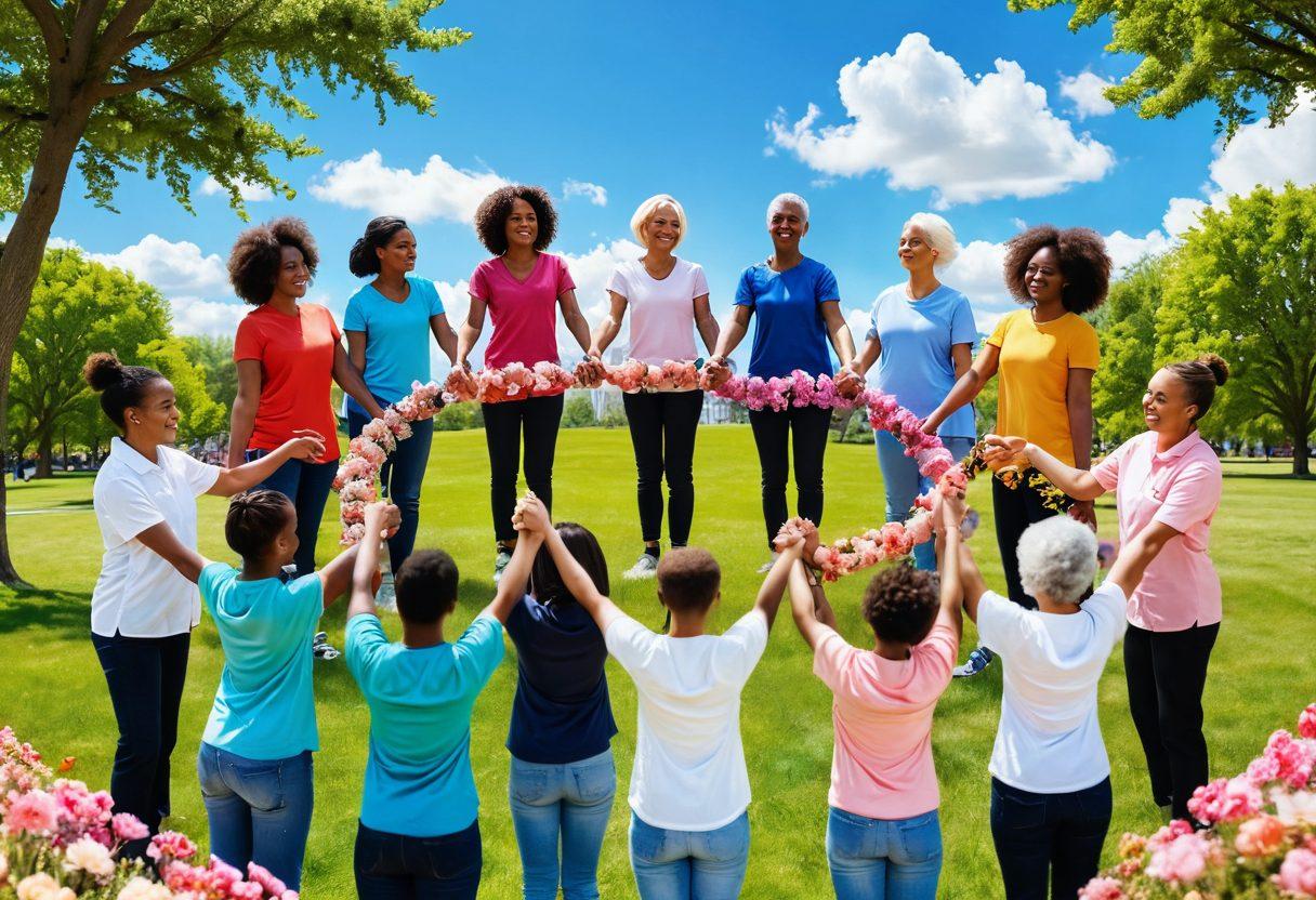 A diverse group of people, smiling and holding hands, forming a supportive circle in a park filled with blooming flowers symbolizing hope. In the background, a bright blue sky with soft, fluffy clouds represents positivity. Subtle cancer awareness ribbons are woven throughout the flowers, and elements of diverse cultures are subtly included in clothing and accessories. The atmosphere is warm, inviting and filled with a sense of community and support. vibrant colors. super-realistic.